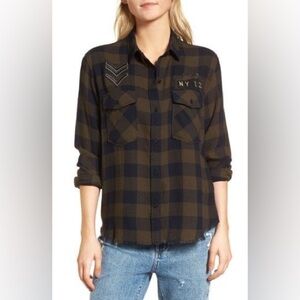Rails sz M Tencel Linen Checkered Patched Army Distressed Button Down Flannel